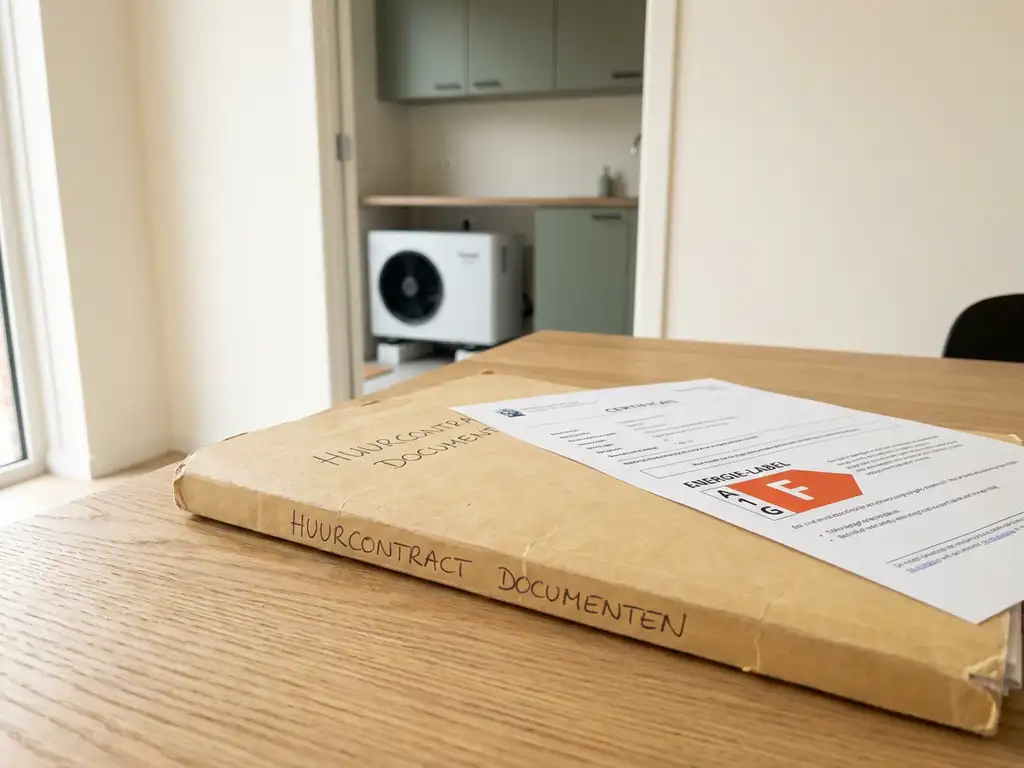Verhuurdersdossier met energielabelcertificaat met lage rating op lichte eiken tafel, witte warmtepomp zichtbaar op achtergrond.