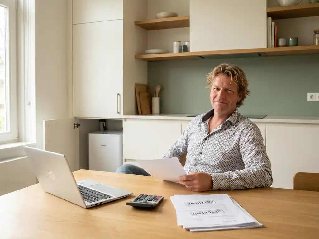 Nederlande verhuurder in de veertig bekijkt financieringsdocumenten aan eiken keukentafel met laptop, rekenmachine en warmtepomp zichtbaar op achtergrond.