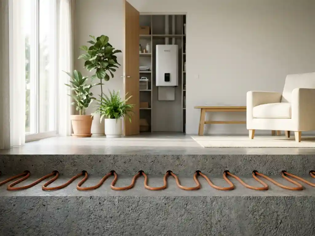 Betonvloer met vloerverwarmingsleidingen in doorsnede, EGO warmtepomp in meterkast, minimalistische Nederlandse woonkamer met eiken accenten.