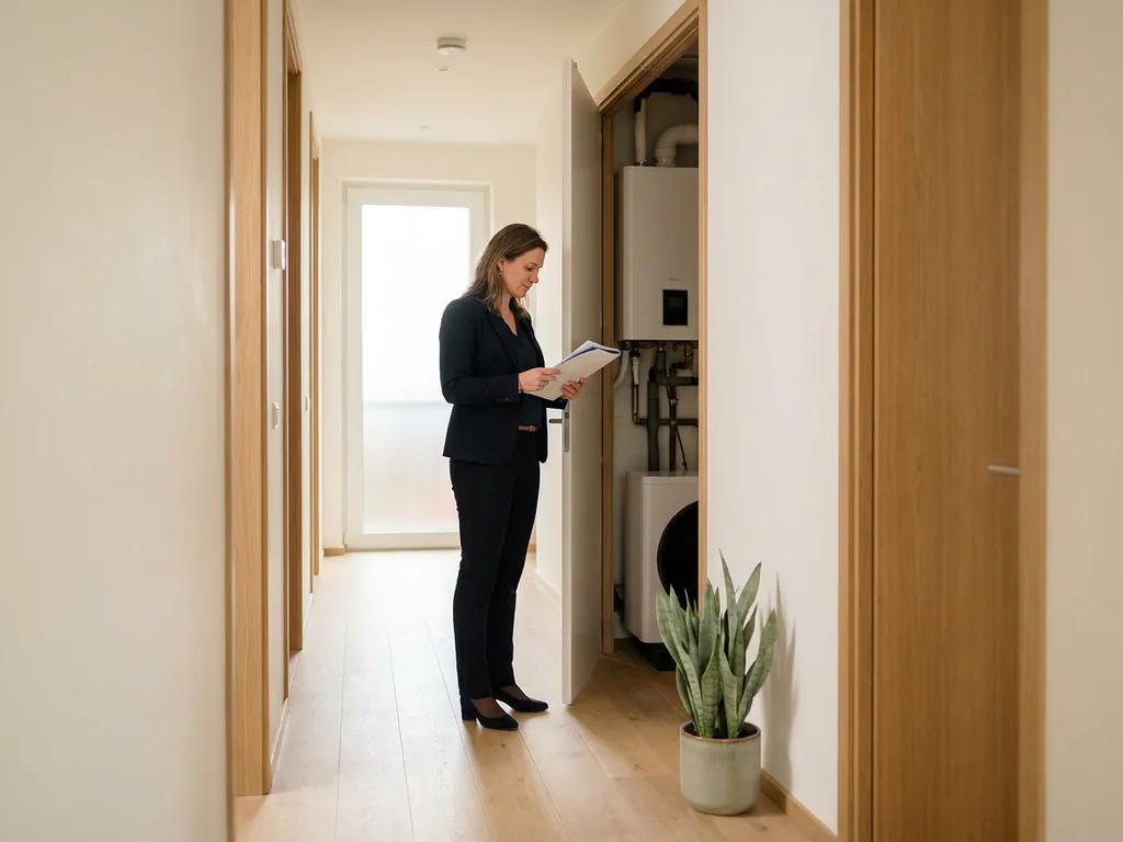 VvE-bestuurslid houdt subsidieaanvraag vast naast witte warmtepomp in modern Nederlands appartementencomplex.