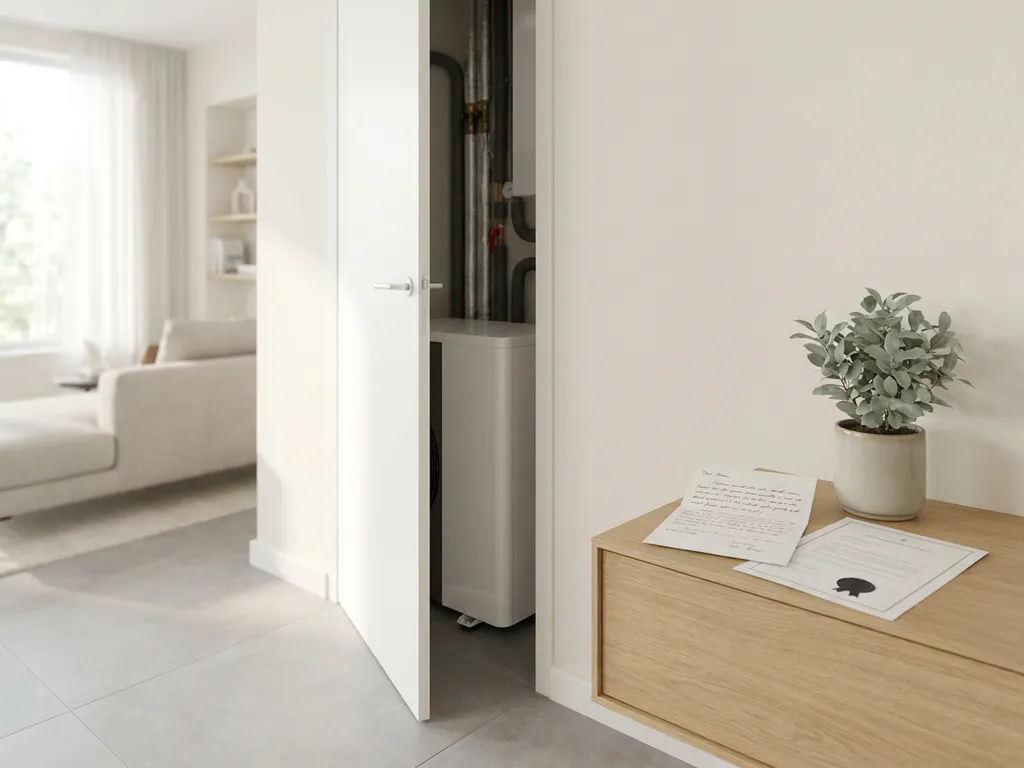 Halfopen technische kast met compacte witte warmtepomp in modern Nederlands appartement, handgeschreven brief op lichte eiken bijzettafel.