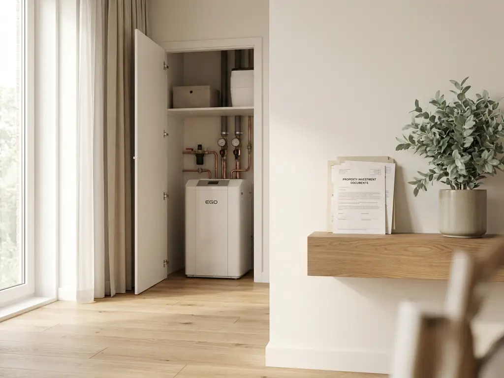 Witte EGO warmtepomp in technische kast van modern Nederlands appartement met lichte eiken vloer en vastgoeddocumenten op plank.