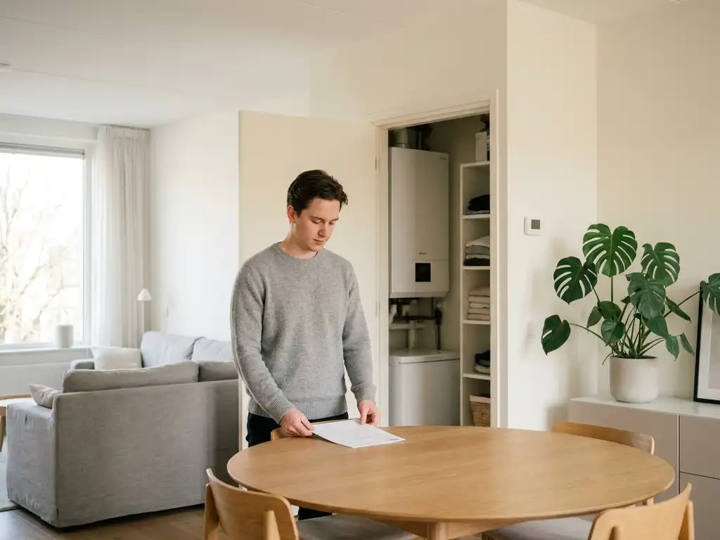 Huiseigenaar met document bij lichte eiken tafel, compacte witte warmtepomp zichtbaar in nette meterkast, modern Nederlands appartement.