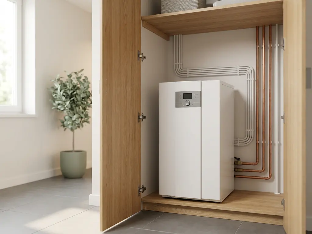 Compacte witte warmtepomp in een nette Nederlandse meterkast met koperen leidingen, eiken planken en zachte natuurlijke belichting.