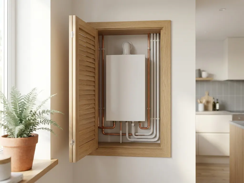 Compacte witte warmtepomp in een moderne Nederlandse meterkast met koperen leidingen en nette kabelgeleiding.