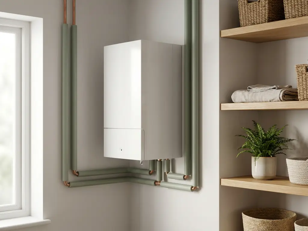 Compacte witte warmtepomp in moderne Nederlandse bijkeuken, met koperen leidingen langs witte muur en condensatiedruppel op het apparaat.