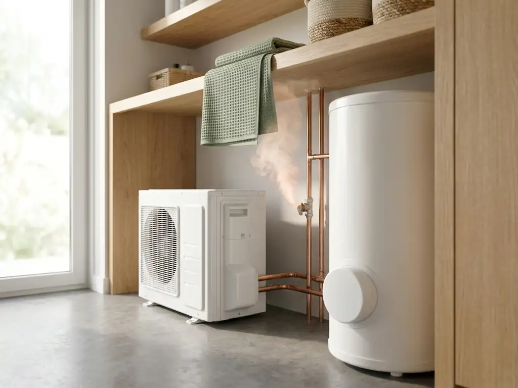 Witte warmtepomp in Nederlandse bijkeuken met koperen leidingen aangesloten op modern warmwatervat, eiken planken en betonnen vloer.
