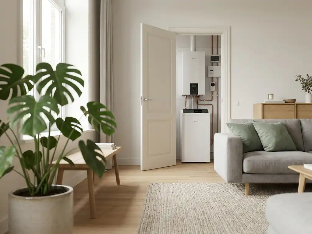 Compacte witte warmtepomp in een nette meterkast van een moderne Nederlandse woonkamer met lichte eiken vloer en kamerplant op de voorgrond.