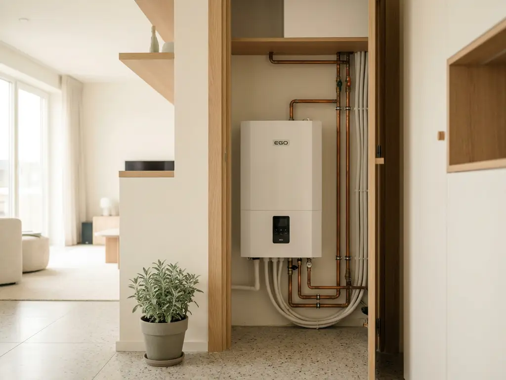 Compacte witte EGO warmtepomp in open meterkast van modern Nederlands appartement met terrazzovloer en lichte eiken accenten.