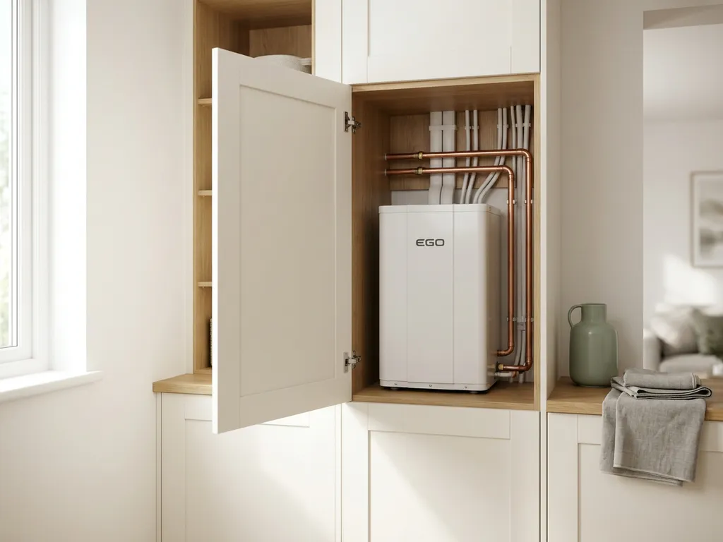 Compacte witte EGO warmtepomp in een moderne Nederlandse meterkast met koperen leidingen en nette kabelgeleiding.