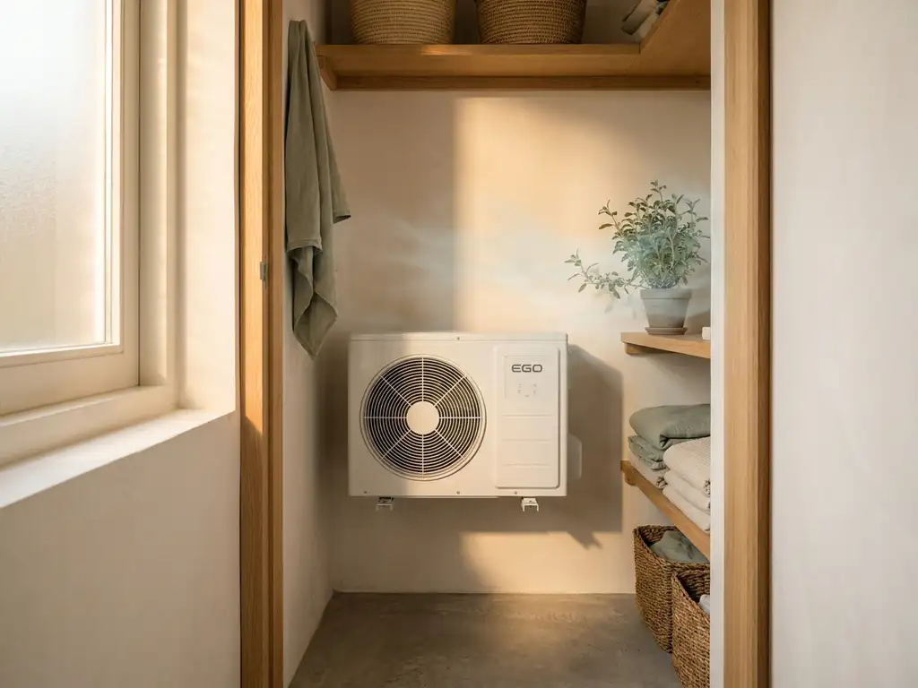 Witte EGO warmtepomp in Nederlandse meterkast met saliegroen plantje en middagzon door matglas raam.