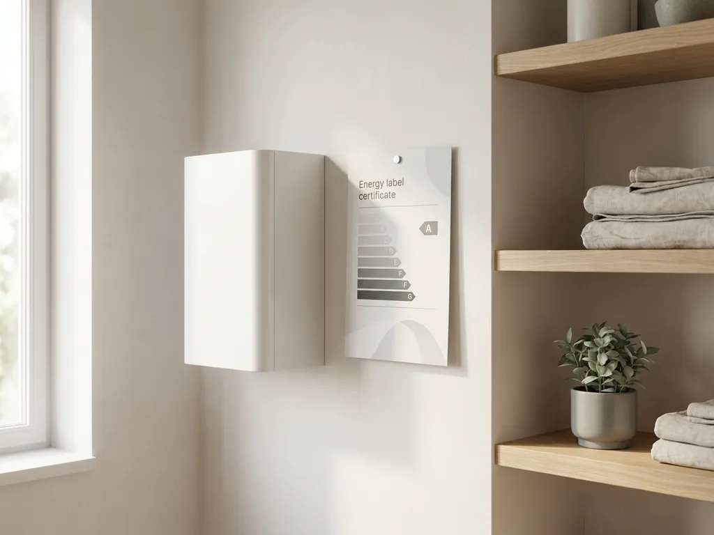 Energielabel certificaat op witte muur naast compacte warmtepomp in moderne Nederlandse bijkeuken met lichte eiken planken.