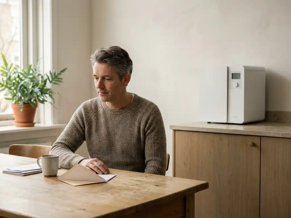 Nederlander van middelbare leeftijd aan eiken keukentafel met opengeslagen gasnota naast compacte warmtepomp op aanrecht.