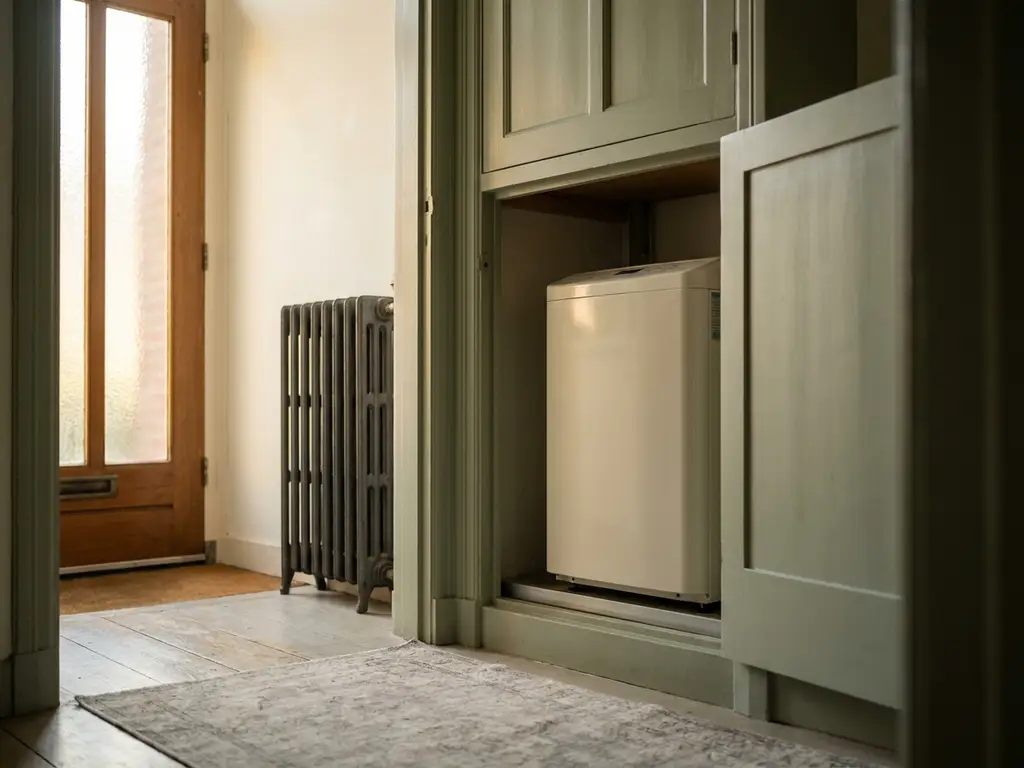 Compacte witte warmtepomp in hallenkast van een Nederlandse rijtjeswoning, met gietijzeren radiator zichtbaar op de achtergrond.