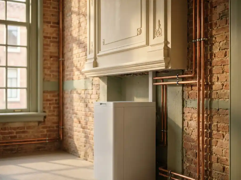 Witte warmtepomp in nis van gerestaureerd Nederlands monumentaal pand, omgeven door sierlijk stucwerk, bakstenen muur en koperen leidingen.