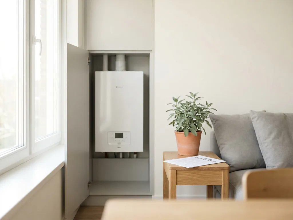 Compacte warmtepomp in technische kast van modern Nederlands appartement, met huurcontract op lichte eikenhouten bijzettafel.
