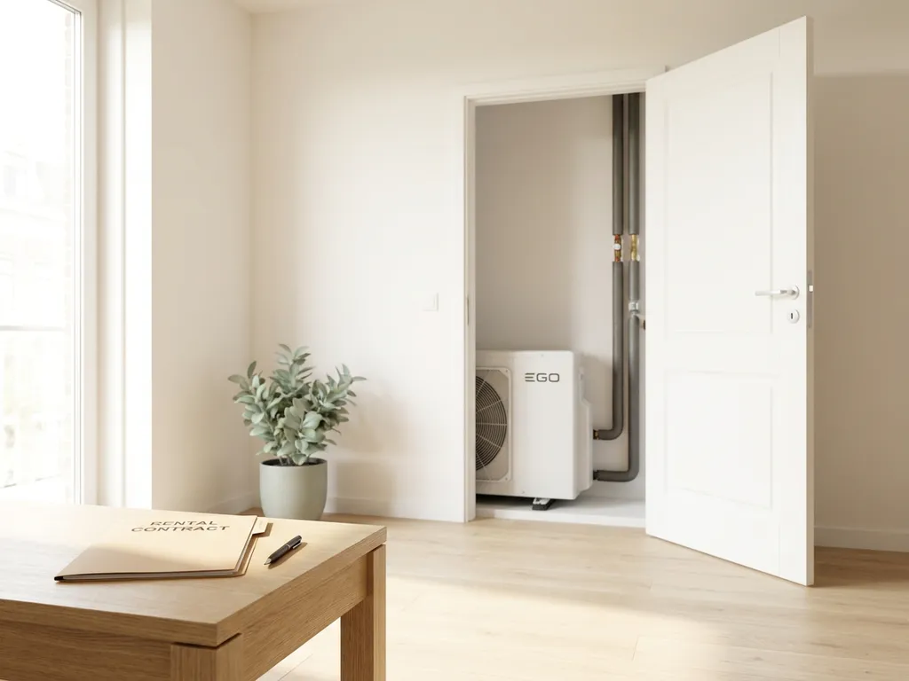 Compacte witte EGO warmtepomp in technische kast van modern Nederlands appartement, huurcontract op eiken bijzettafel.