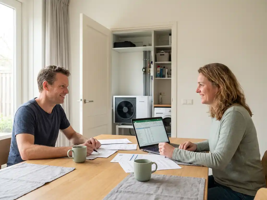 Nederlandstalig stel bekijkt installatiekosten warmtepomp aan keukentafel met laptop, witte warmtepomp zichtbaar op achtergrond.
