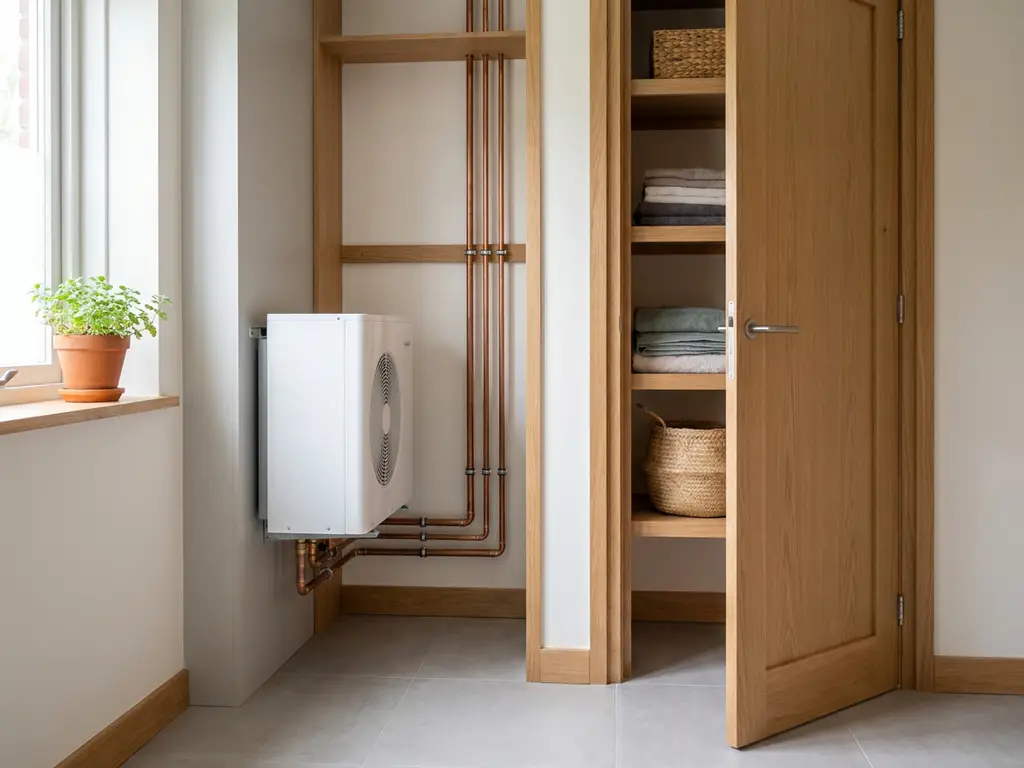 Compacte witte warmtepomp in moderne Nederlandse meterkast met koperen leidingen, eiken accenten en een klein kamerplantje.