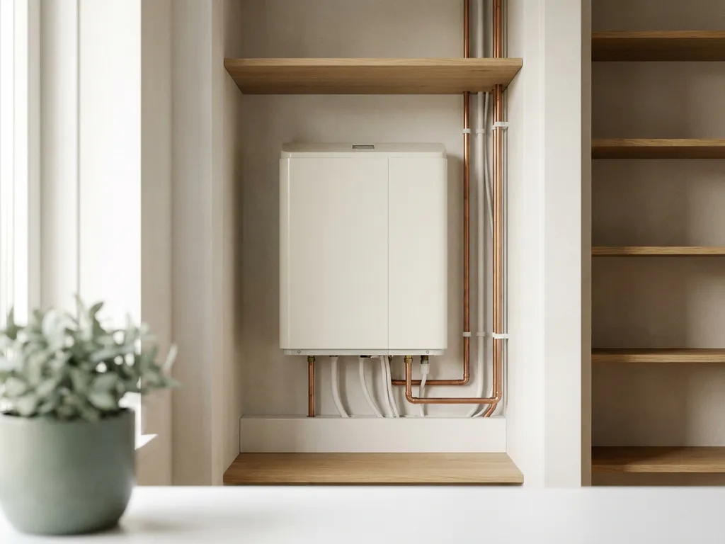 Compacte witte warmtepomp in een moderne Nederlandse meterkast met koperen leidingen en lichte eikenhouten planken.