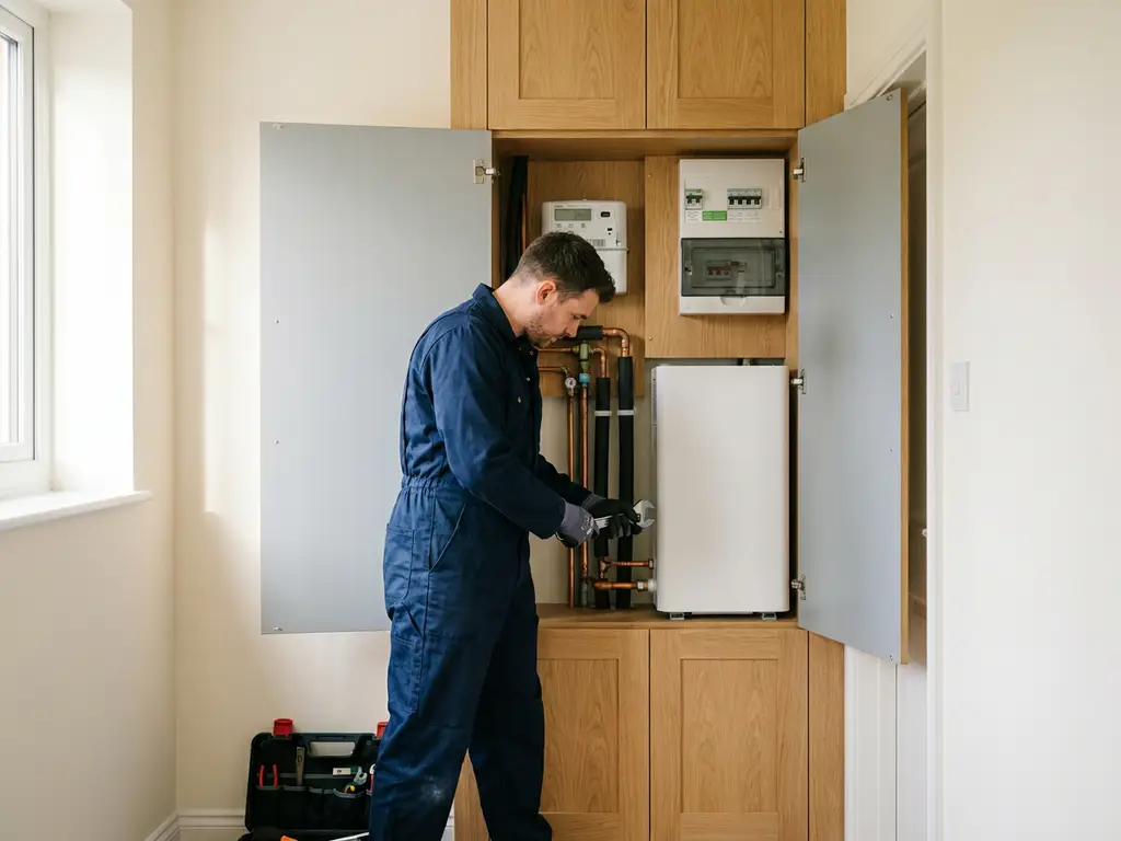 Technicus installeert compacte witte warmtepomp in meterkast met koperen leidingen, moderne Nederlandse woning.