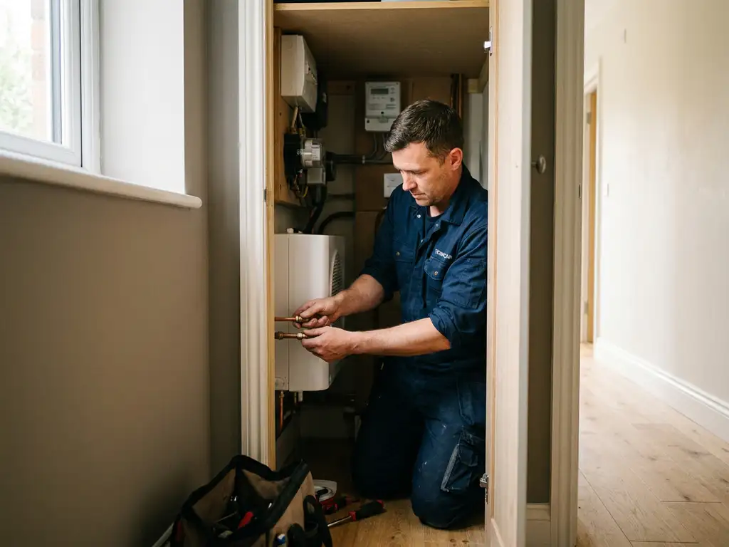 Technicus installeert compacte witte warmtepomp in moderne Nederlandse meterkast met koperen leidingverbindingen.