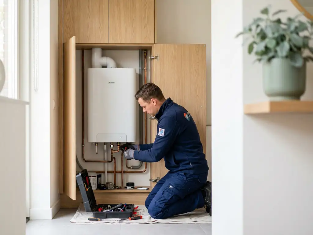 Technicus installeert compacte witte warmtepomp in moderne Nederlandse meterkast met koperen leidingen.