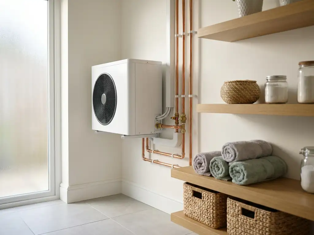 Compacte witte warmtepomp in moderne Nederlandse bijkeuken met koperen leidingen en nette kabelgeleiding.