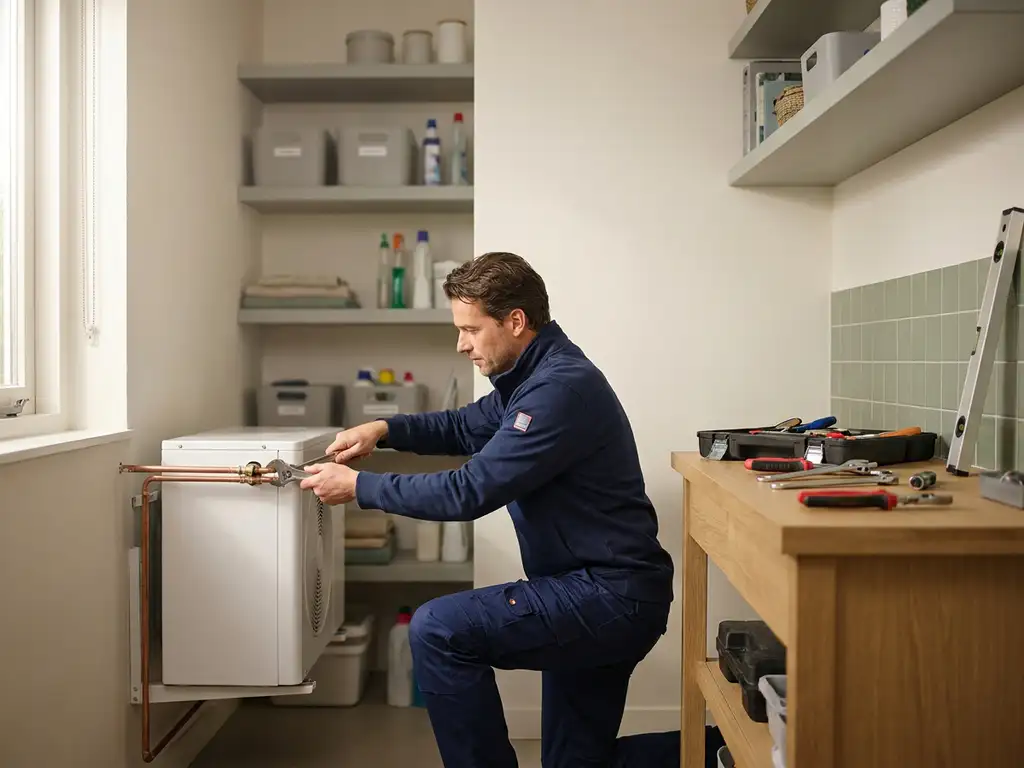 Technicus in marineblauw werkkleding sluit koperen leidingen aan op een witte warmtepomp in een Nederlandse technische ruimte.