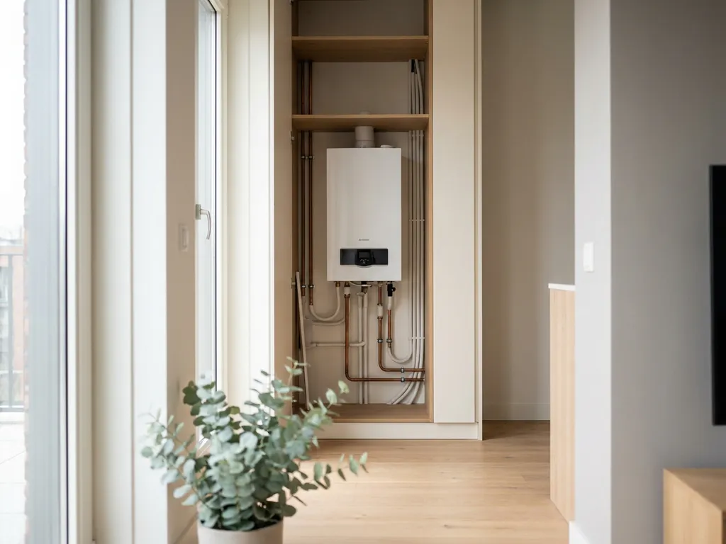 Compacte warmtepomp in open technische kast van modern Nederlands appartement, met koperen leidingen en lichte eikenhouten vloer.