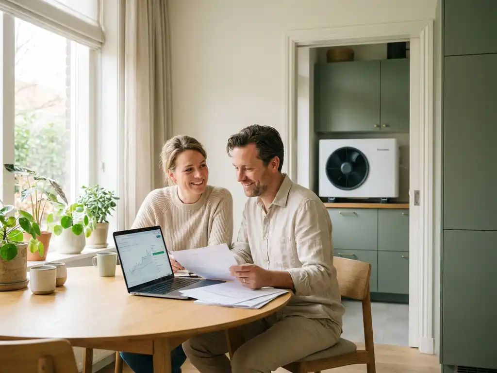 Nederlandstalig echtpaar bekijkt leningdocumenten aan keukentafel met laptop, witte warmtepomp zichtbaar op achtergrond.