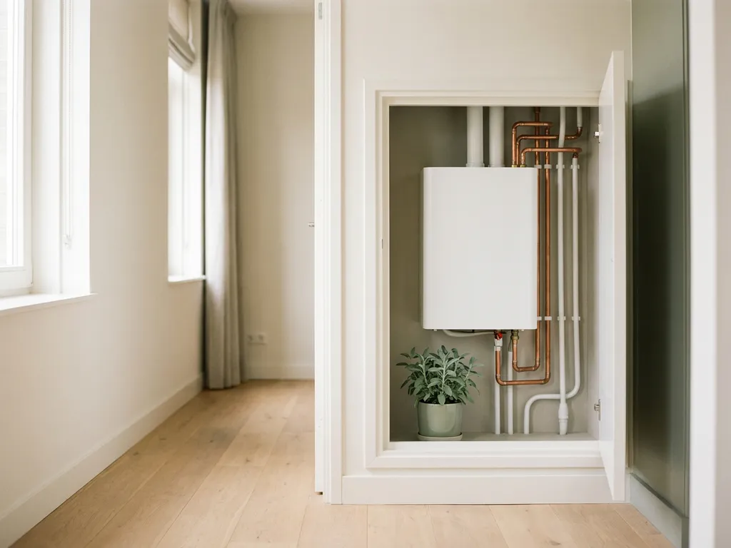 Compacte warmtepomp in meterkast van moderne Nederlandse hal met lichte eikenhouten vloer en klein groen plantje.