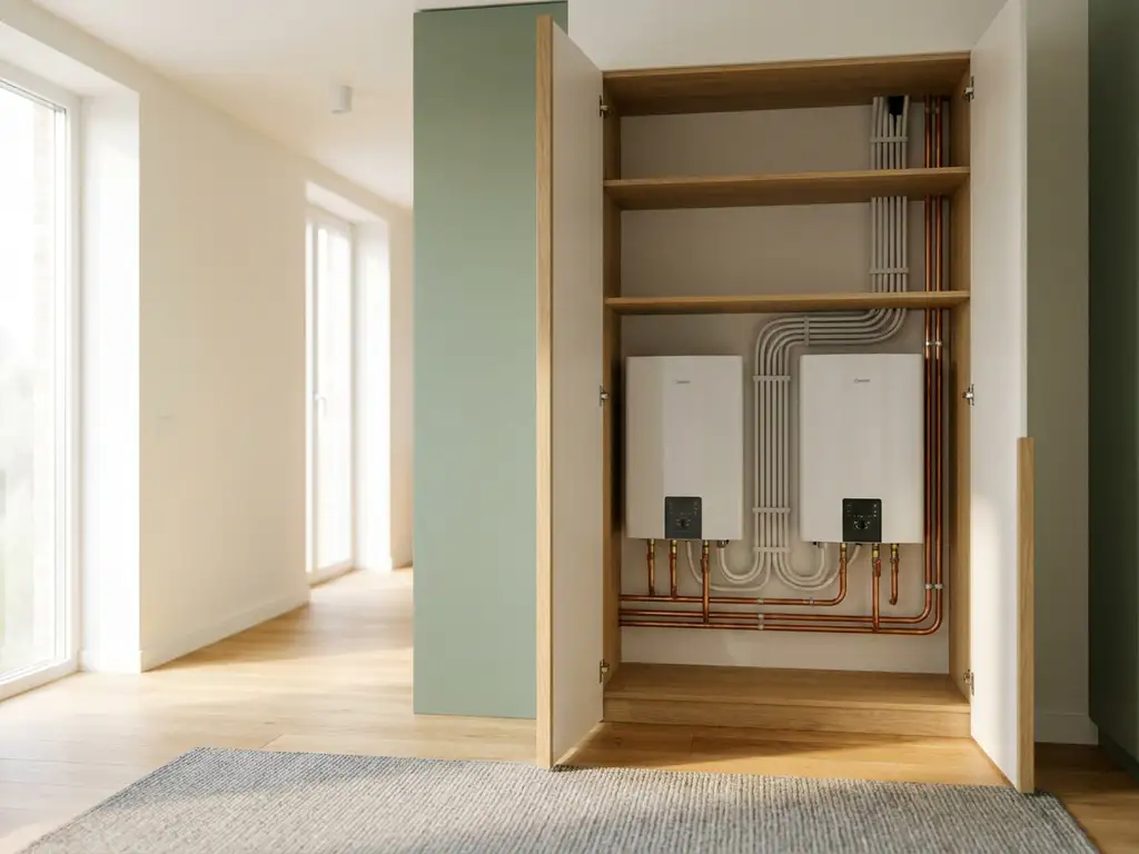 Twee compacte witte warmtepompen in een technische kast in een moderne Nederlandse appartementgang met koperen leidingen en lichte eiken accenten.