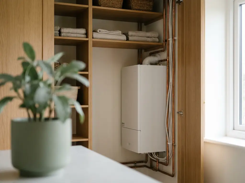 Compacte witte warmtepomp in een nette Nederlandse meterkast met koperen leidingen, eiken planken en zachte natuurlijke belichting.