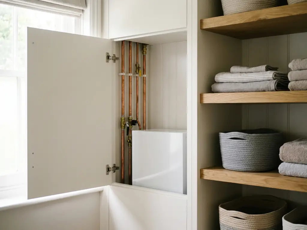 Compacte witte warmtepomp in meterkast met nette koperen leidingen, natuurlijke eikenhouten planken en zachte daglichtinval.