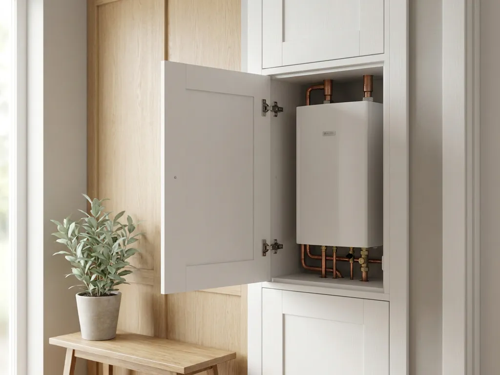 Compacte witte warmtepomp gemonteerd in een moderne Nederlandse meterkast, lichte eiken gang zichtbaar op de achtergrond.