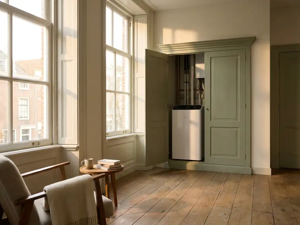 Warmtepomp in meterkast van Nederlands erfgoedwoning met enkel glas, houten kozijnen en eiken vloer in middaglicht.