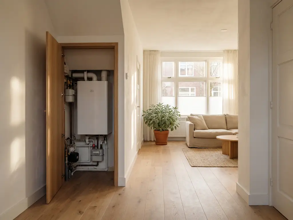 Compacte warmtepomp discreet gemonteerd in meterkast van Nederlandse rijtjeswoning met lichte eiken vloer en witte muren.