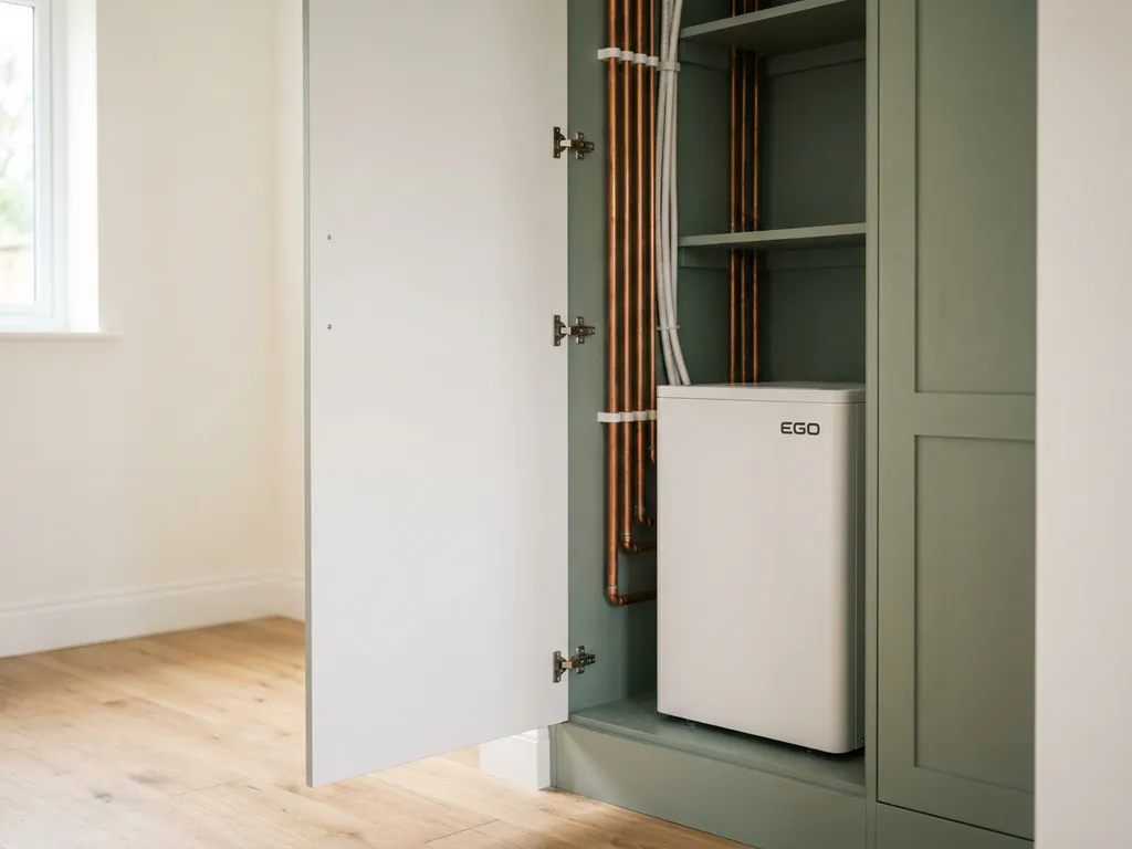 Witte EGO warmtepomp in een nette meterkast met koperen leidingen, lichte eikenhouten vloer op de achtergrond.
