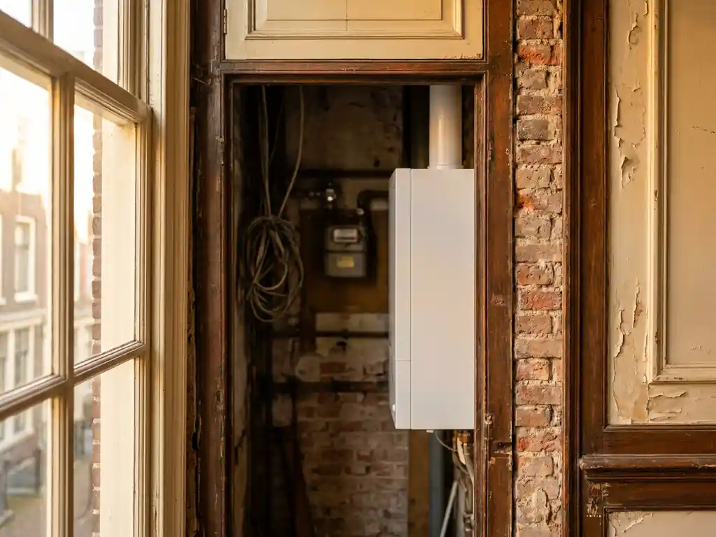Compacte witte warmtepomp in meterkast van Amsterdams grachtenpand, omgeven door origineel stucwerk en bakstenen muur.
