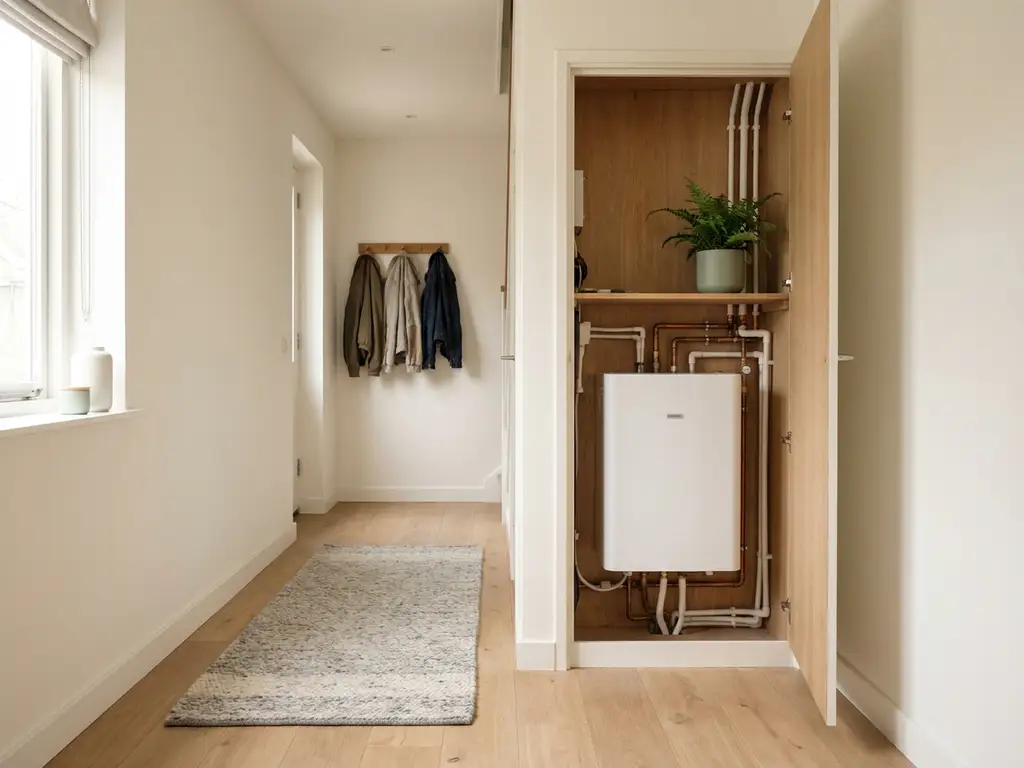 Compacte warmtepomp in meterkast van Nederlandse rijtjeswoning, met koperen leidingen, eiken vloer en salie groene plant op de achtergrond.