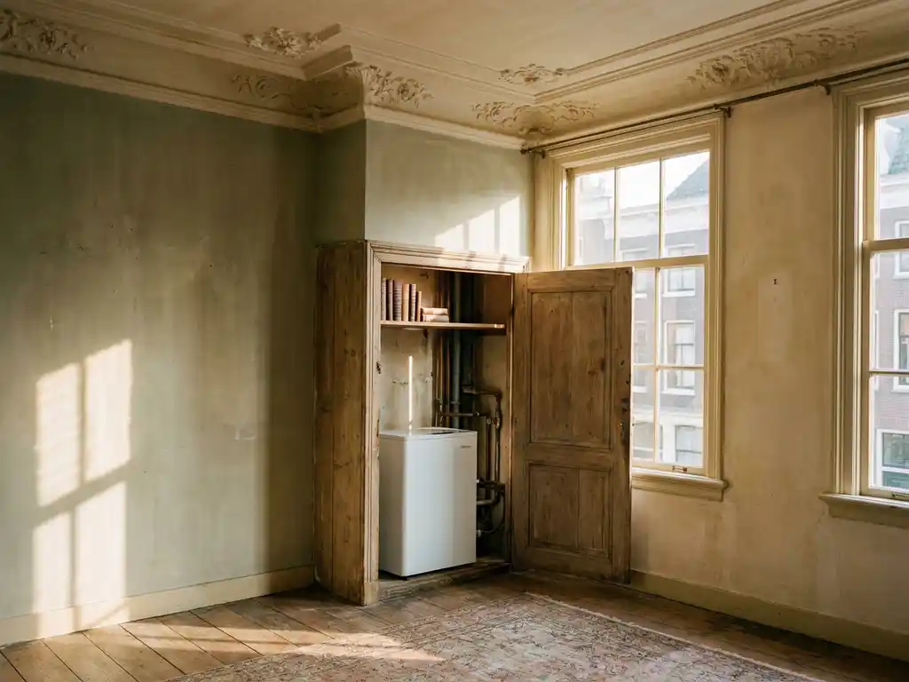 Compacte warmtepomp in houten meterkast van 17e-eeuws Nederlands interieur met sierlijsten en hoge schuiframen.