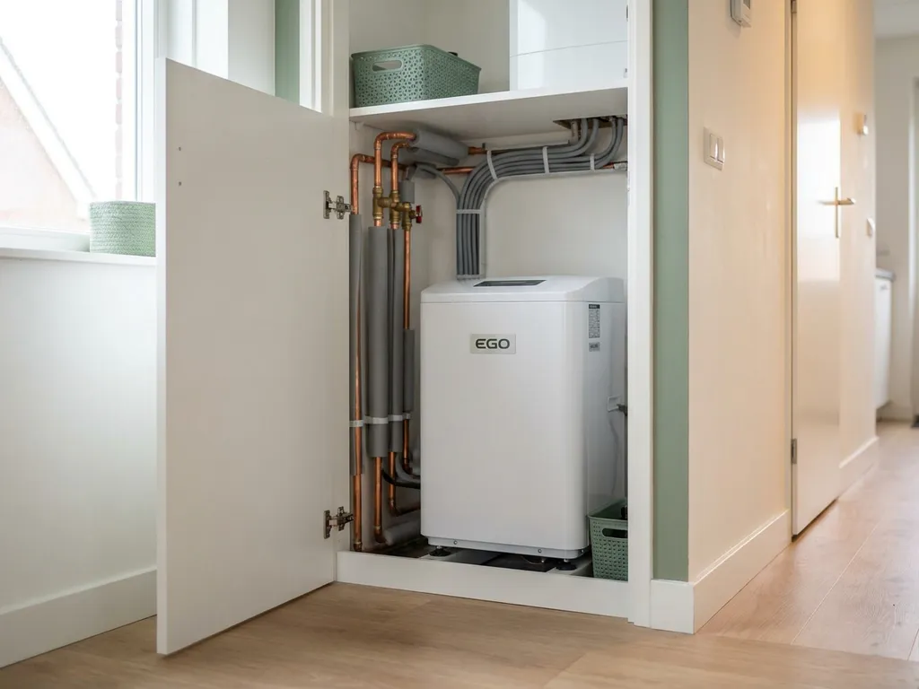 Compacte witte EGO warmtepomp in een moderne Nederlandse meterkast met koperen leidingen en nette kabelgeleiding.