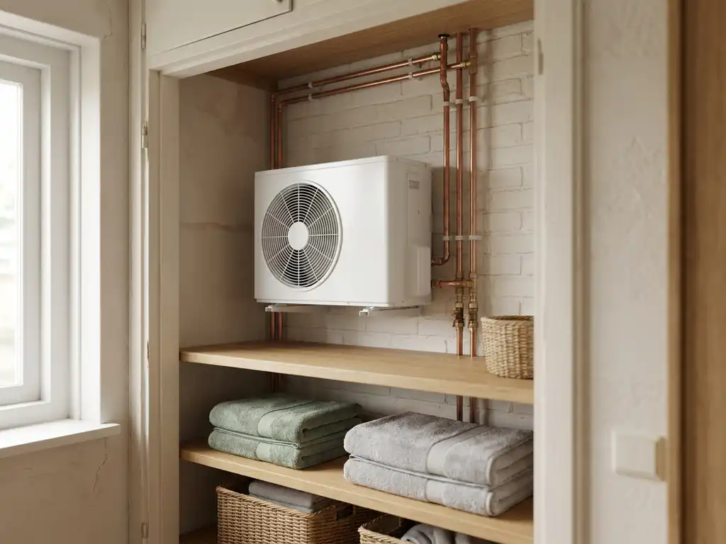 Compacte witte warmtepomp in een nette Nederlandse meterkast, koperen leidingen zorgvuldig weggewerkt, lichte eiken planken op de achtergrond.