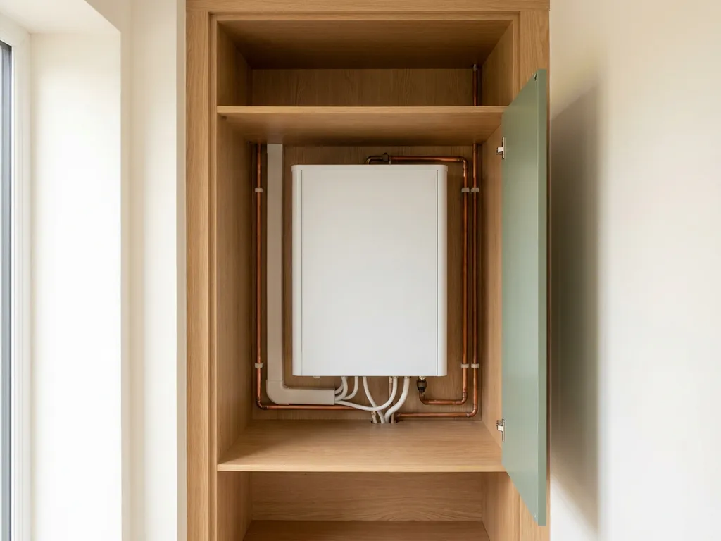 Compacte witte elektrische warmtepomp in een moderne Nederlandse meterkast met koperen leidingen en houten accenten.