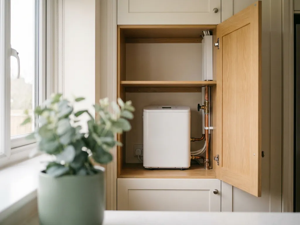 Compacte witte warmtepomp in een nette Nederlandse meterkast met koperen leidingen en lichte eiken afwerking.