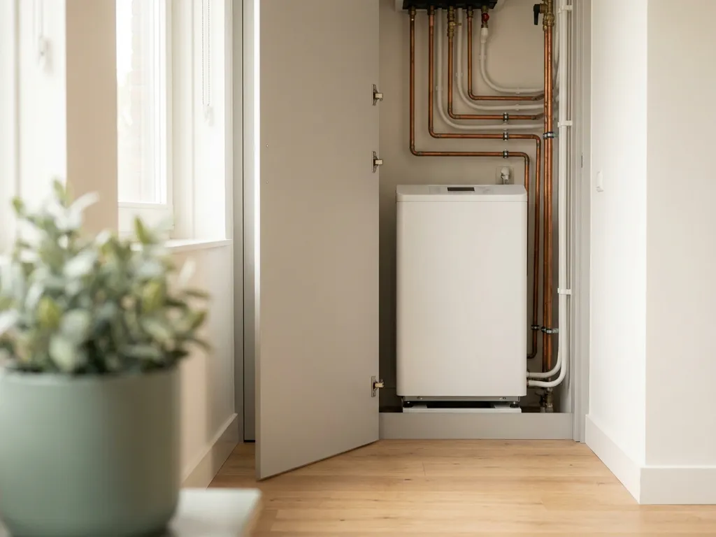 Compacte witte warmtepomp in een nette Nederlandse meterkast met koperen leidingen en kabelgoten, half geopende kastdeur.