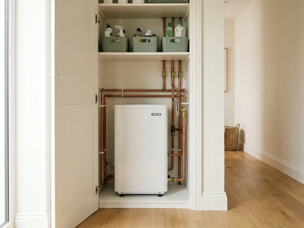 Compacte witte EGO warmtepomp in een nette Nederlandse meterkast, met koperen leidingen en lichteikenhouten vloer op de achtergrond.