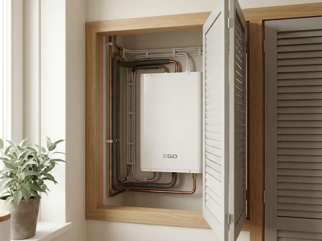 Witte EGO warmtepomp in moderne Nederlandse meterkast met koperen leidingen en lichte eiken accenten.
