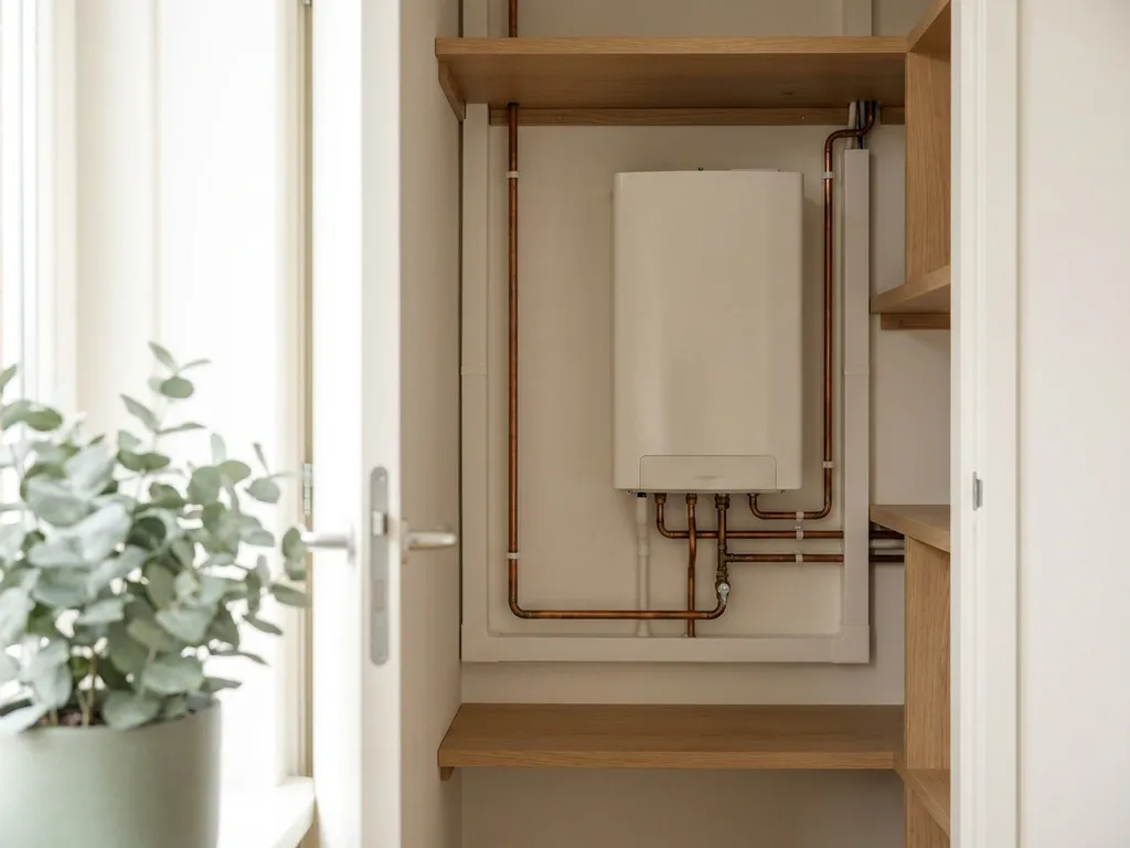 Compacte witte warmtepomp in een moderne Nederlandse meterkast met koperen leidingen en lichte eikenhouten planken.